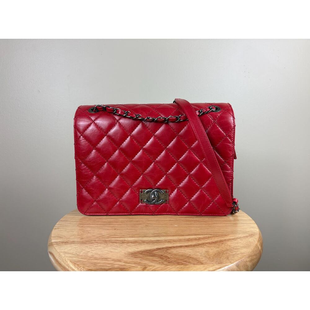 Authentic Chanel Matelasse Red Calfskin Leather Cocomark Shoulder Bag w/ COA